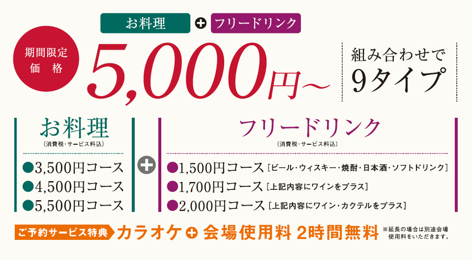 お料理＋フリードリンク 組み合わせで9タイプ 5,000円〜